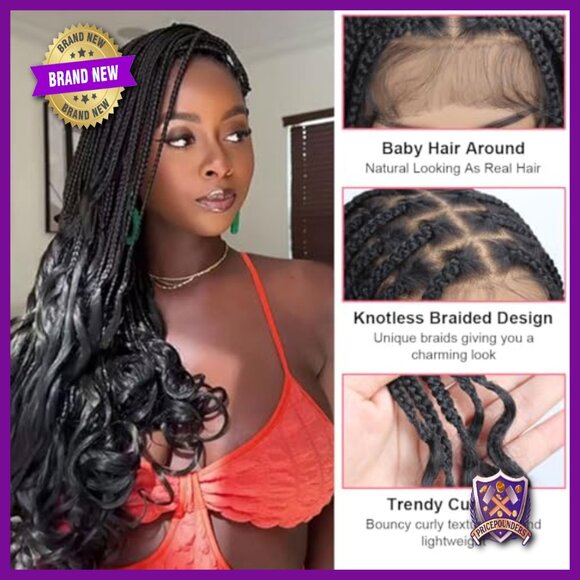 36 Inch Knotless Box Braid Wig with Curly Ends, Full Lace Synthetic Fiber